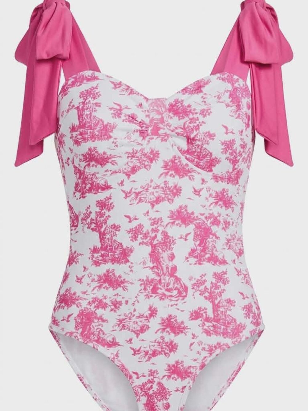 SHEIN Pink Toile de Jouy Bow Shoulder Bodysuit Balletcore Coquette Romantic